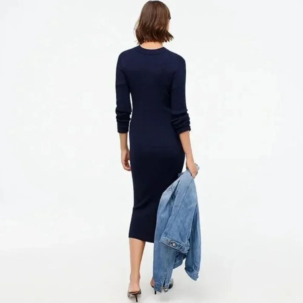 NWT J.Crew Long Sleeve Ribbed Knit Midi in Navy Blue Stretch Dress S